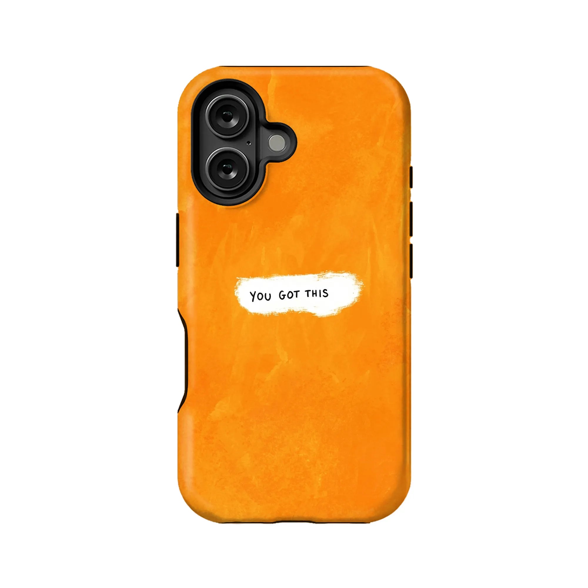 Orange textured phone case with You Got This label, rear product angle