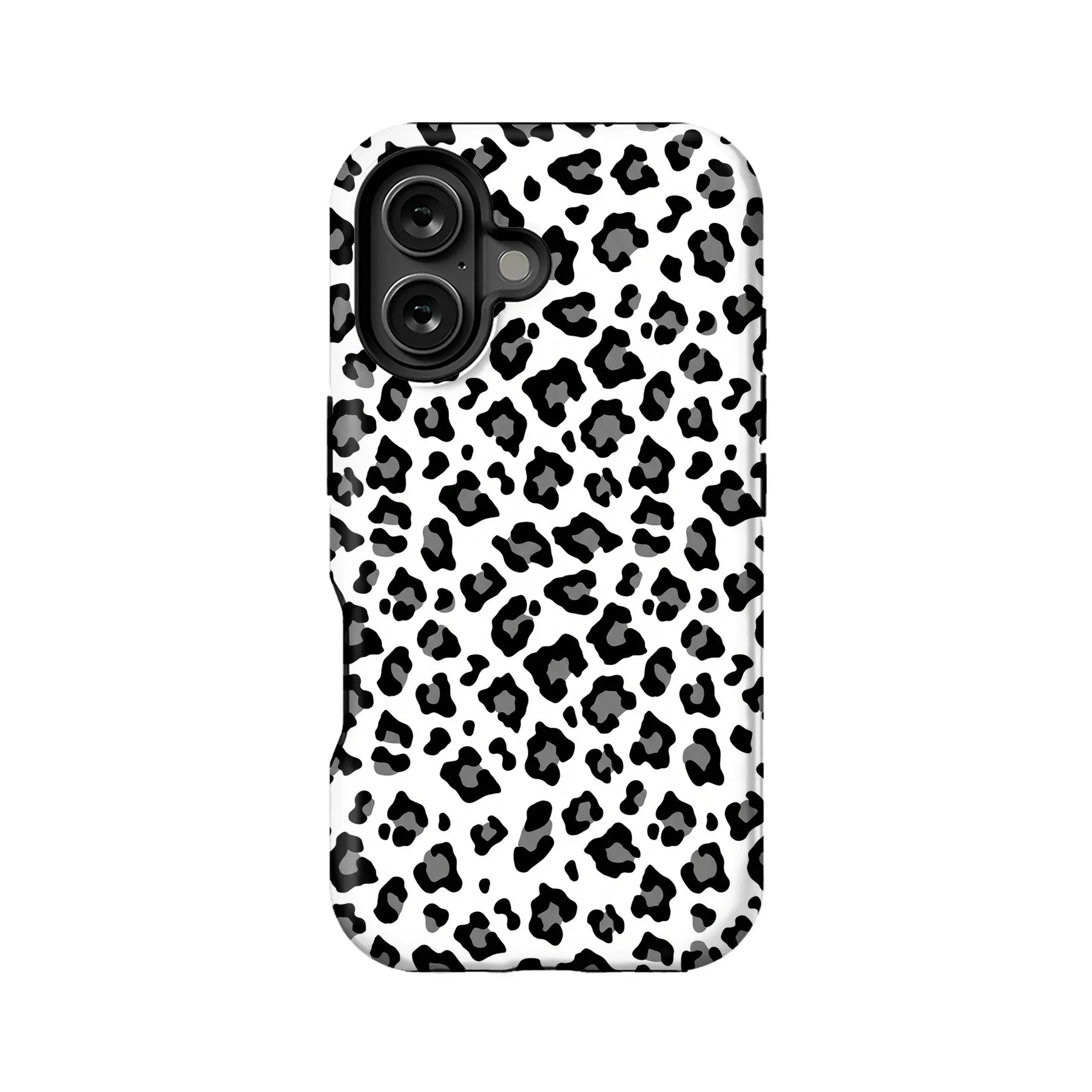 White phone case with black gray leopard print, rear product angle
