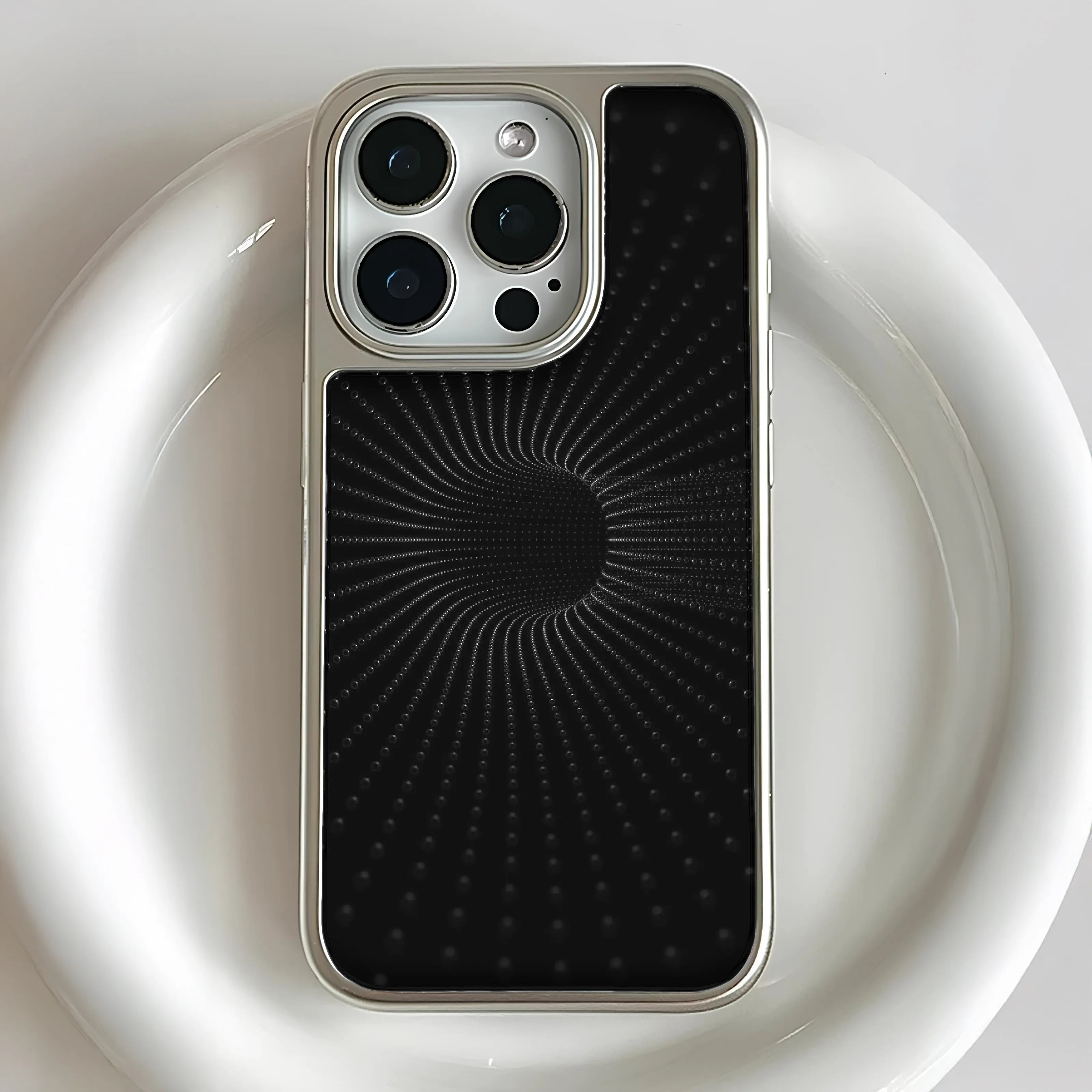Holographic Chrome Phone Case for iPhone 15 Pro - Black Spiral Design