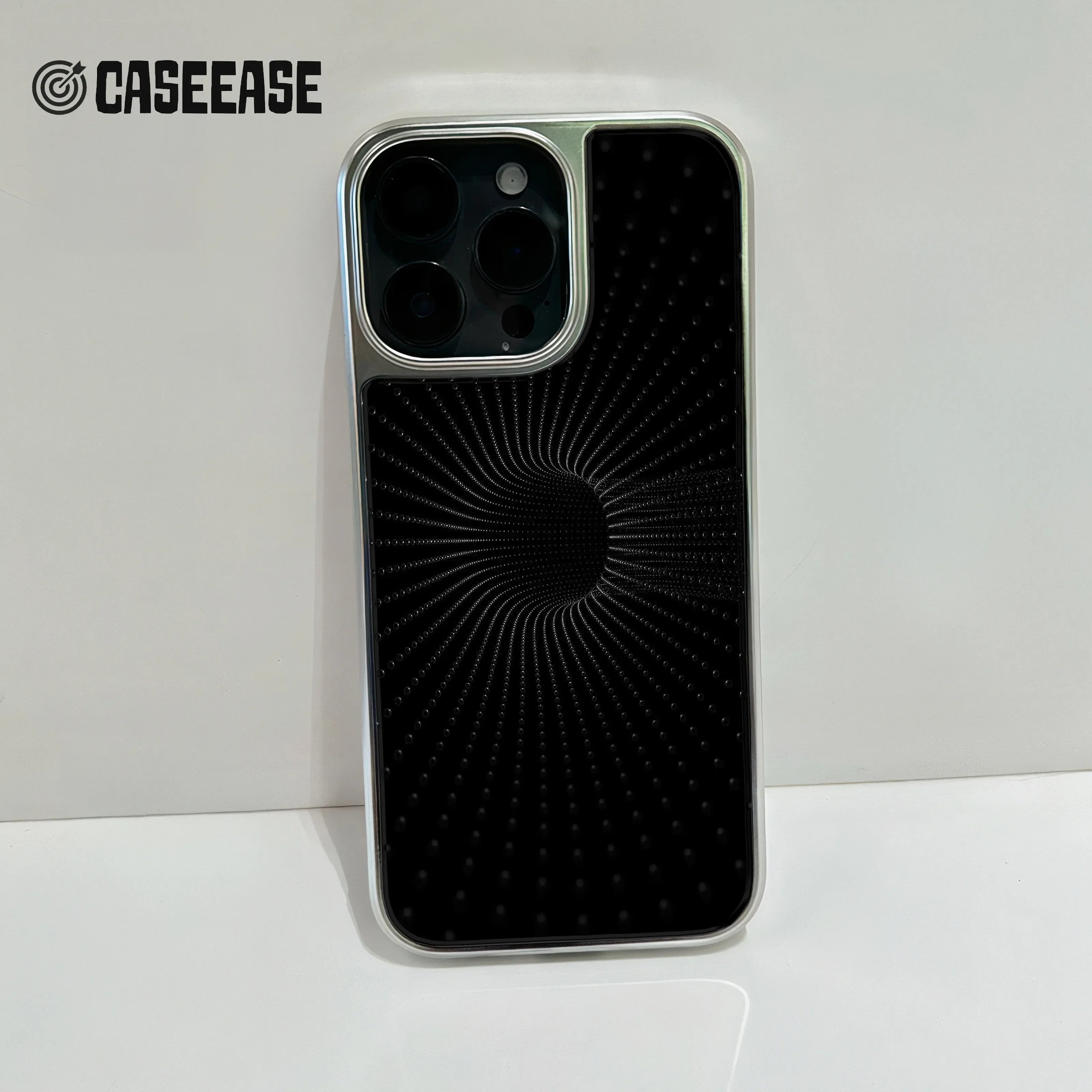 Holographic Chrome Phone Case for iPhone 15 Pro - Black Spiral Design