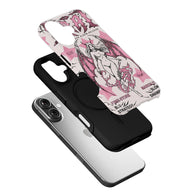 Pink illustrated winged figure phone case with black inner layer, angled product display