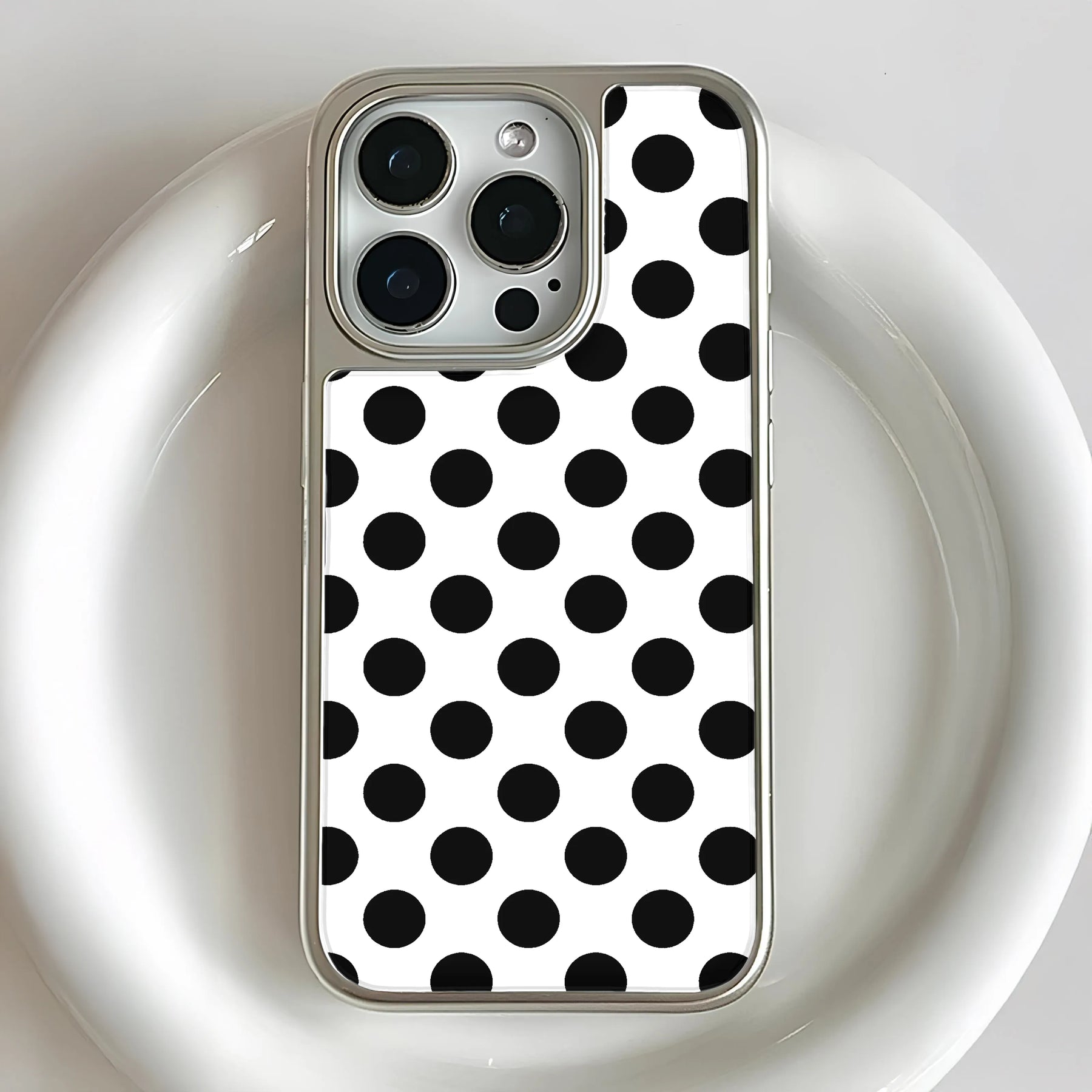 Holographic Chrome Polka Dot Phone Case - Black & White Design