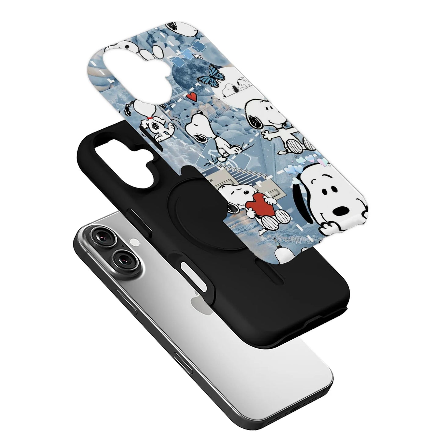 Cute Snoopy phone case blue aesthetic iPhone cover with cartoon Snoopy and hearts