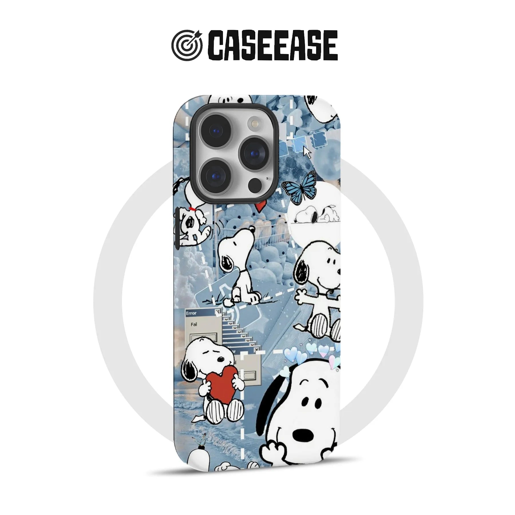 Cute Snoopy phone case blue aesthetic iPhone cover with cartoon Snoopy and hearts