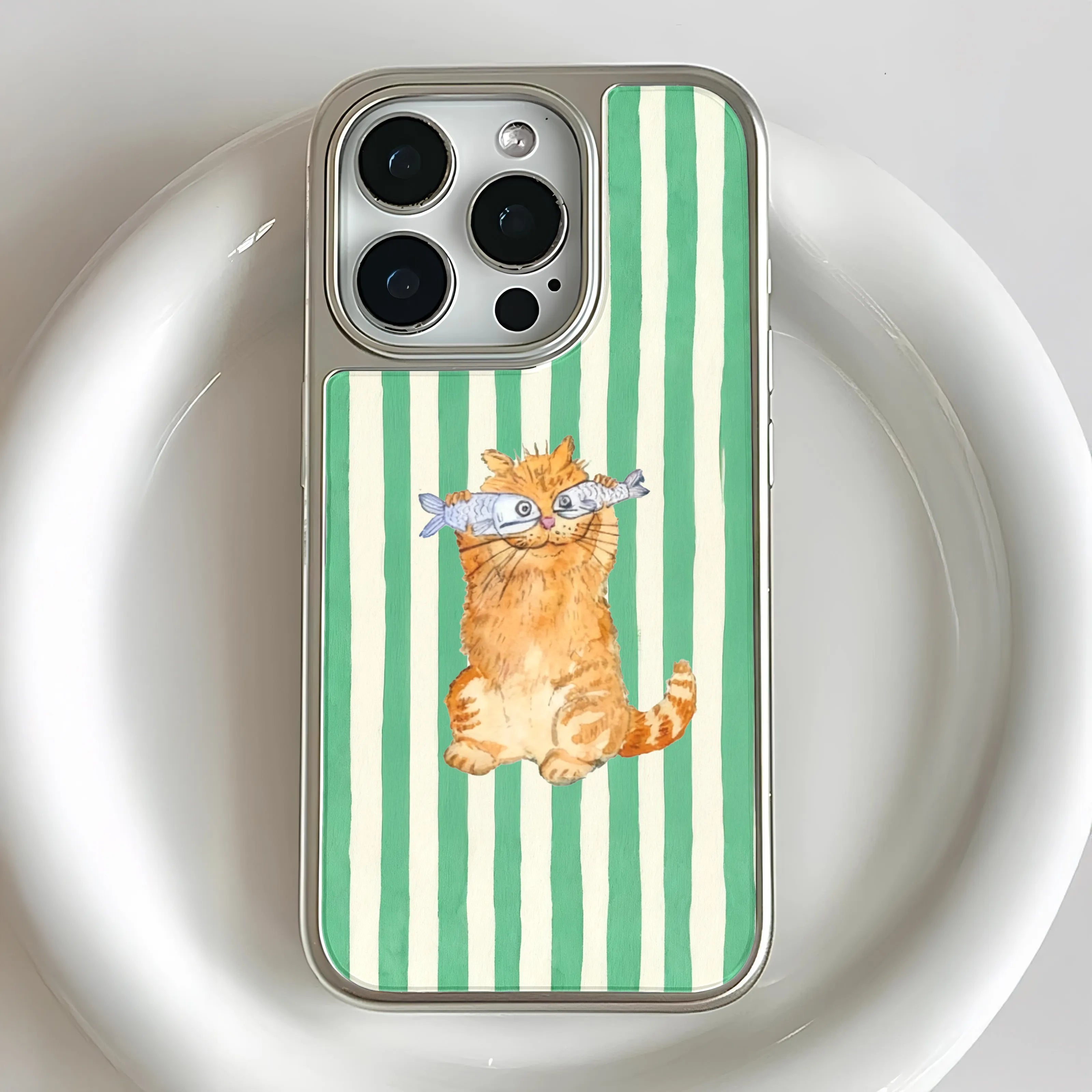 Holographic Chrome Cat Phone Case - Fun Striped Design