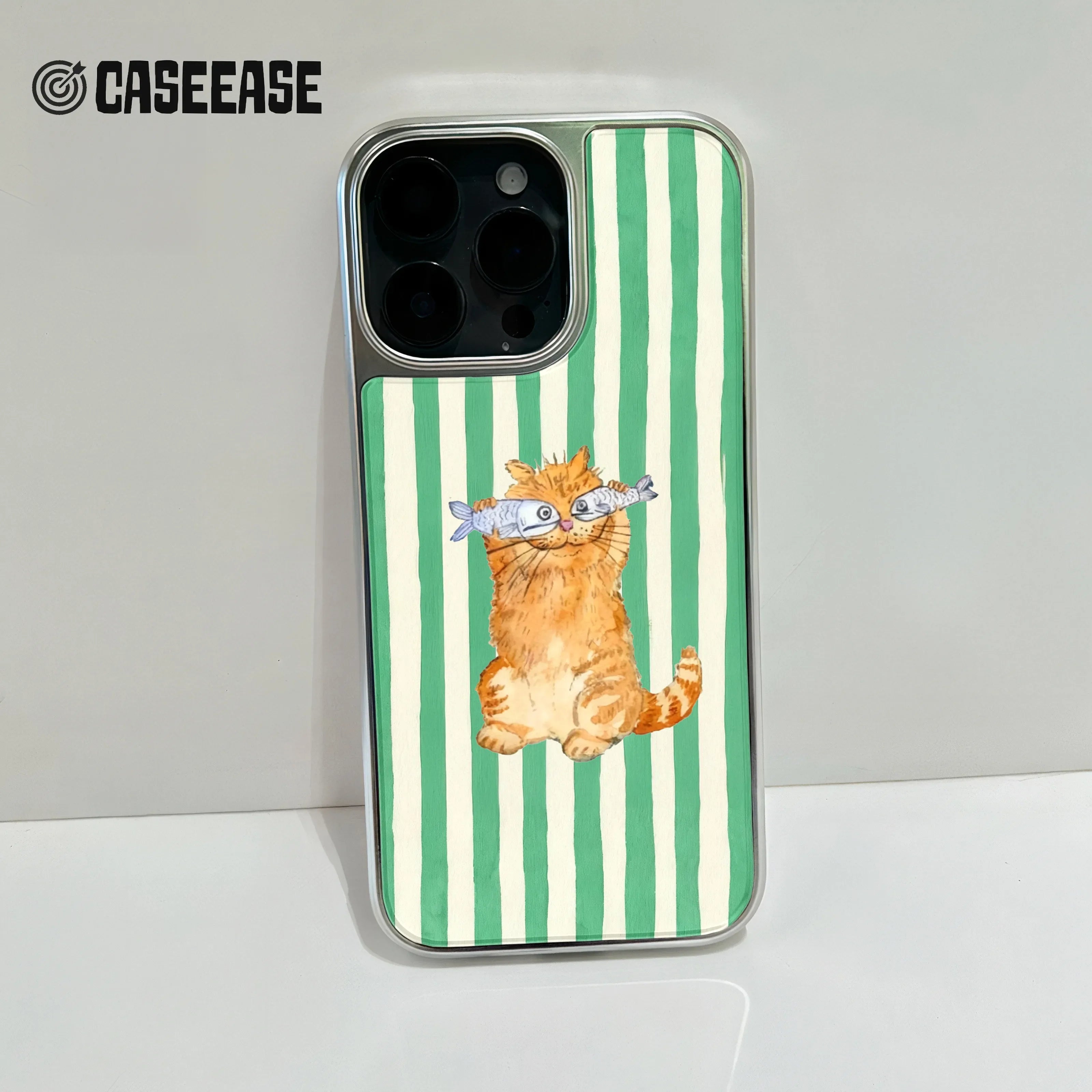 Holographic Chrome Cat Phone Case - Fun Striped Design