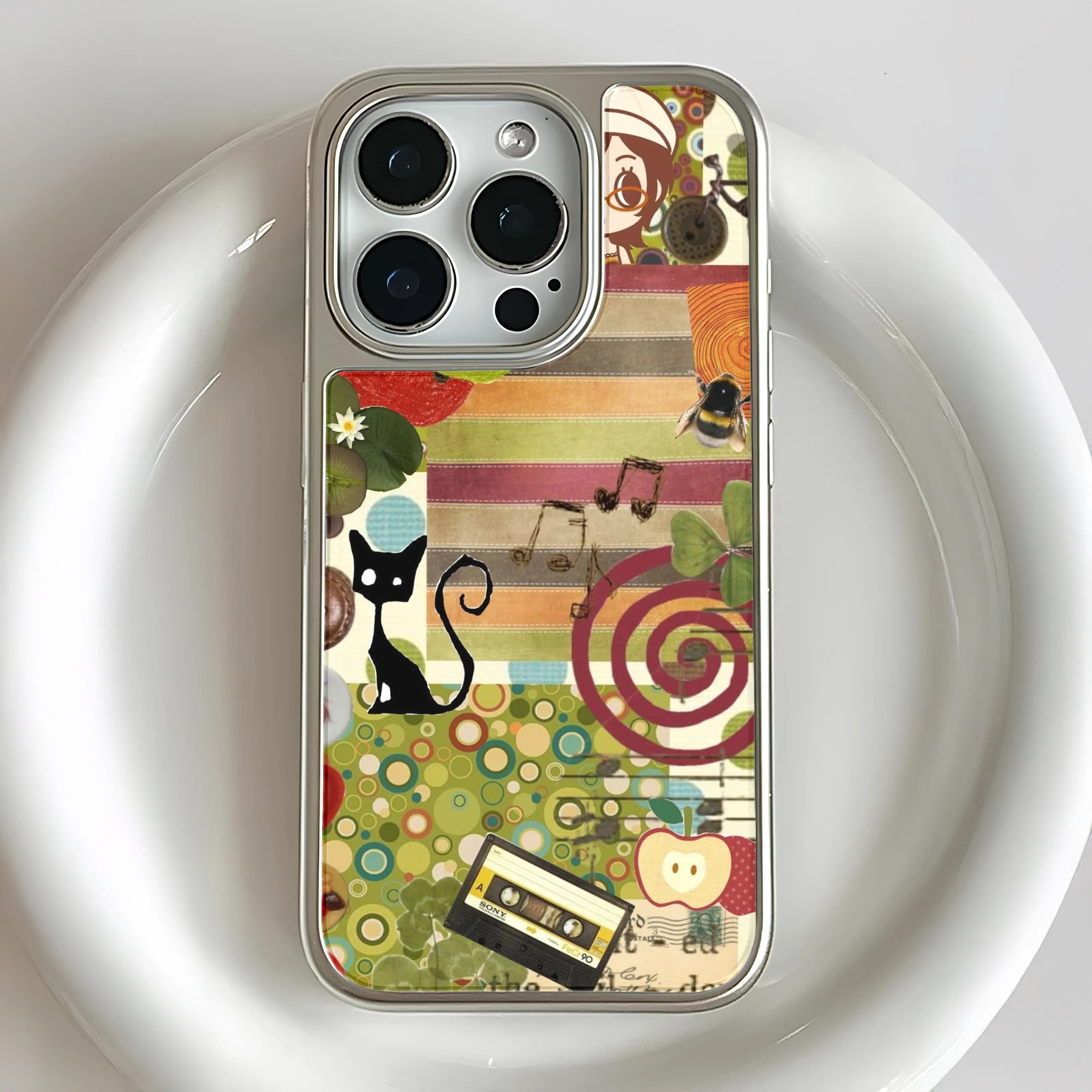 Holographic Chrome Vintage Collage Phone Case - Colorful Design with Retro Elements