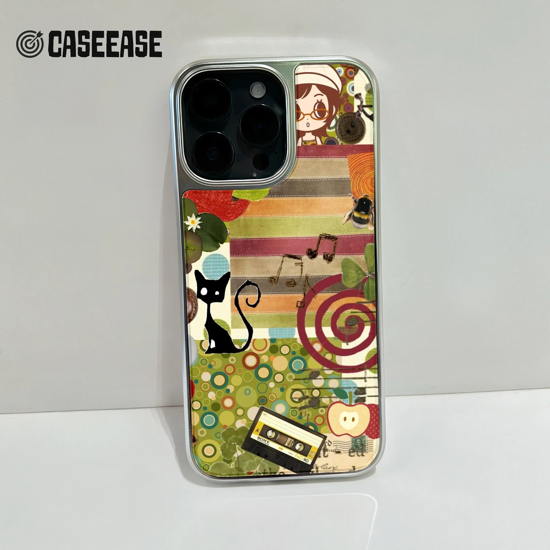 Funda para teléfono con collage vintage cromado holográfico: diseño colorido con elementos retro