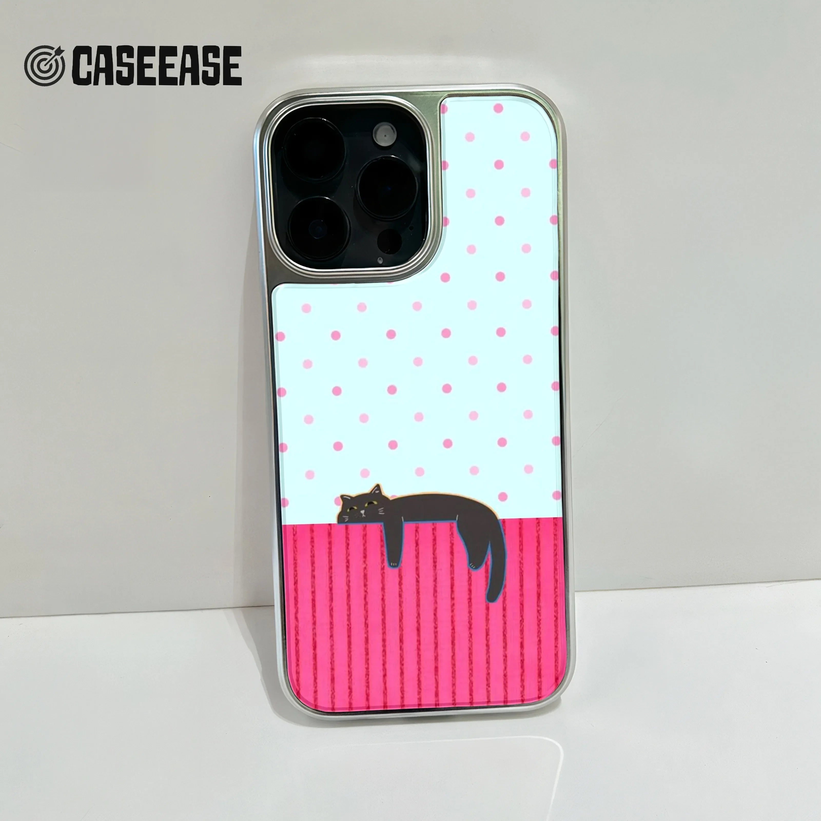 Hanging Cat Design Phone Case - Fun Cartoon Cat & Polka Dots