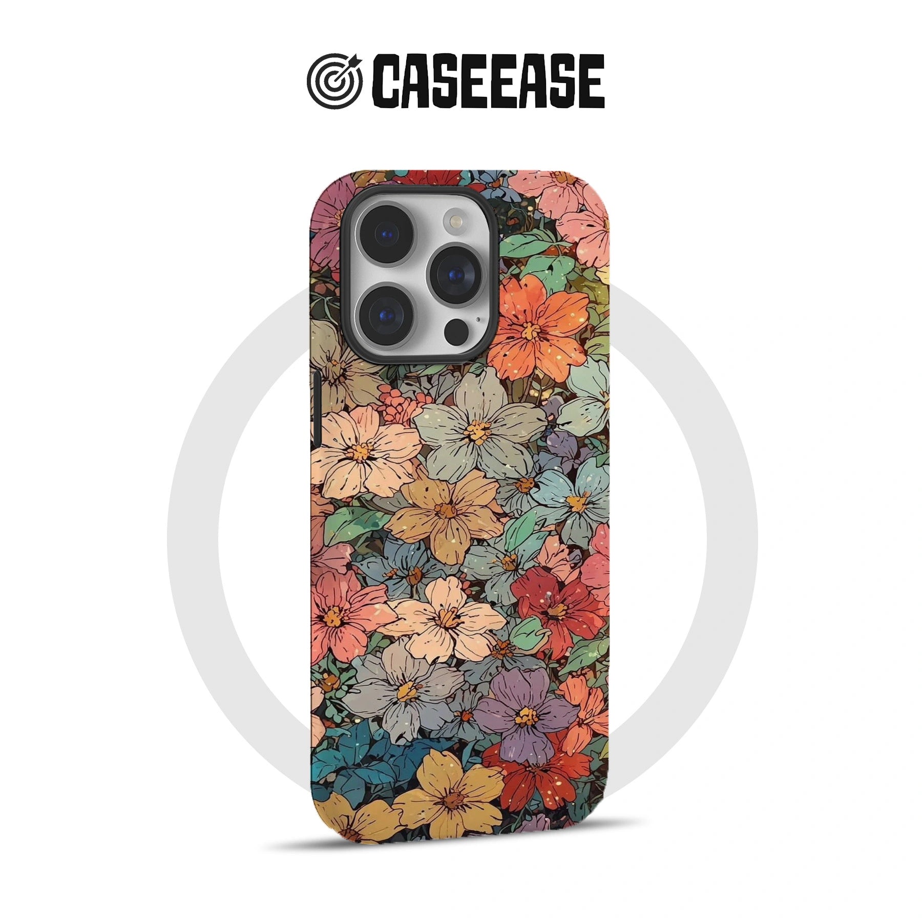 Funda para teléfono con diseño floral vibrante y jardín floreciente