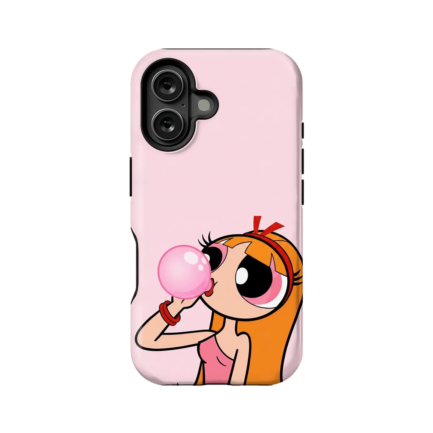 Pink phone case with cartoon bubblegum girl design, rear angle for smartphone accessory