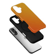 Orange and black two-piece phone case shown exploded above silver smartphone