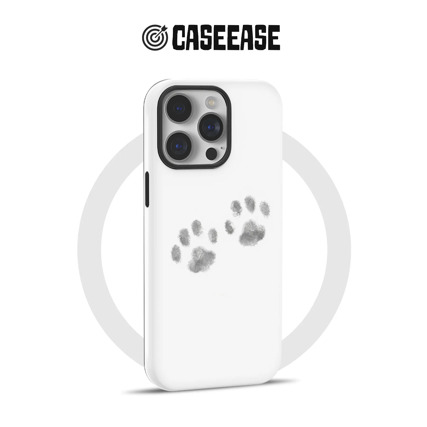 White CASEEASE phone case with gray paw prints, rear angled product display