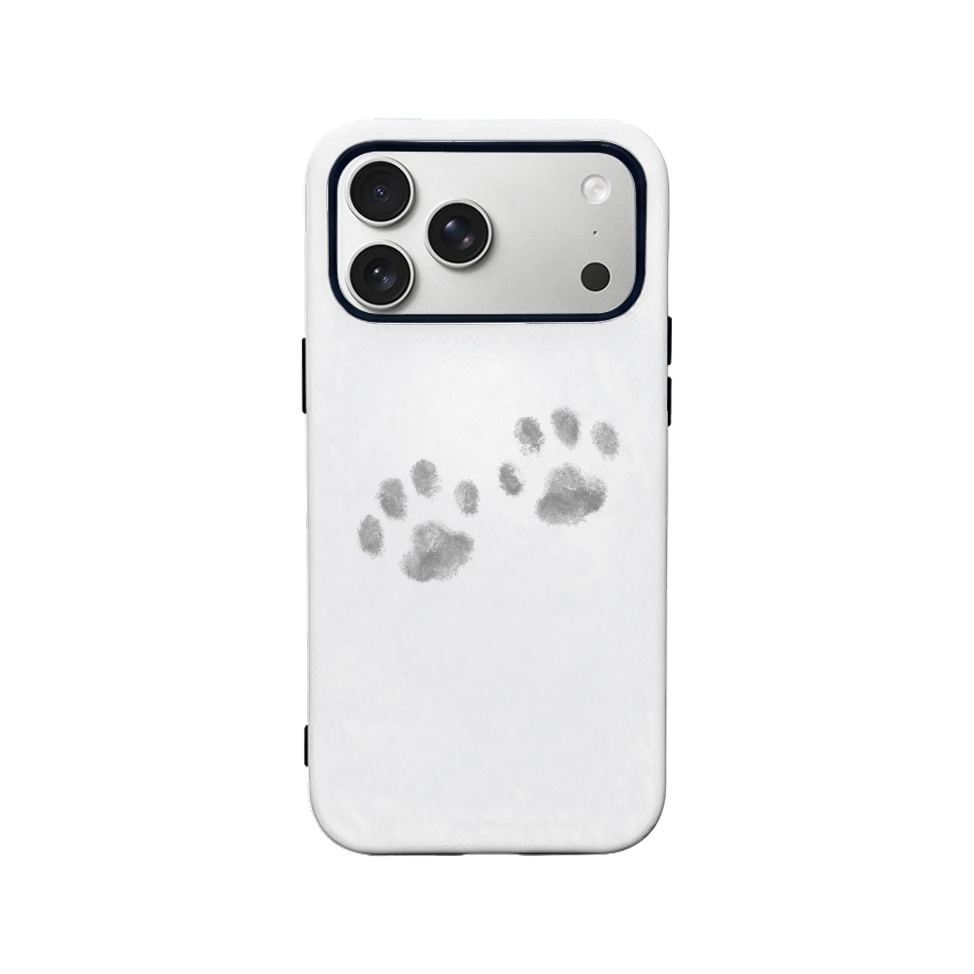 White smartphone case with gray paw prints, rear view showing camera cutout