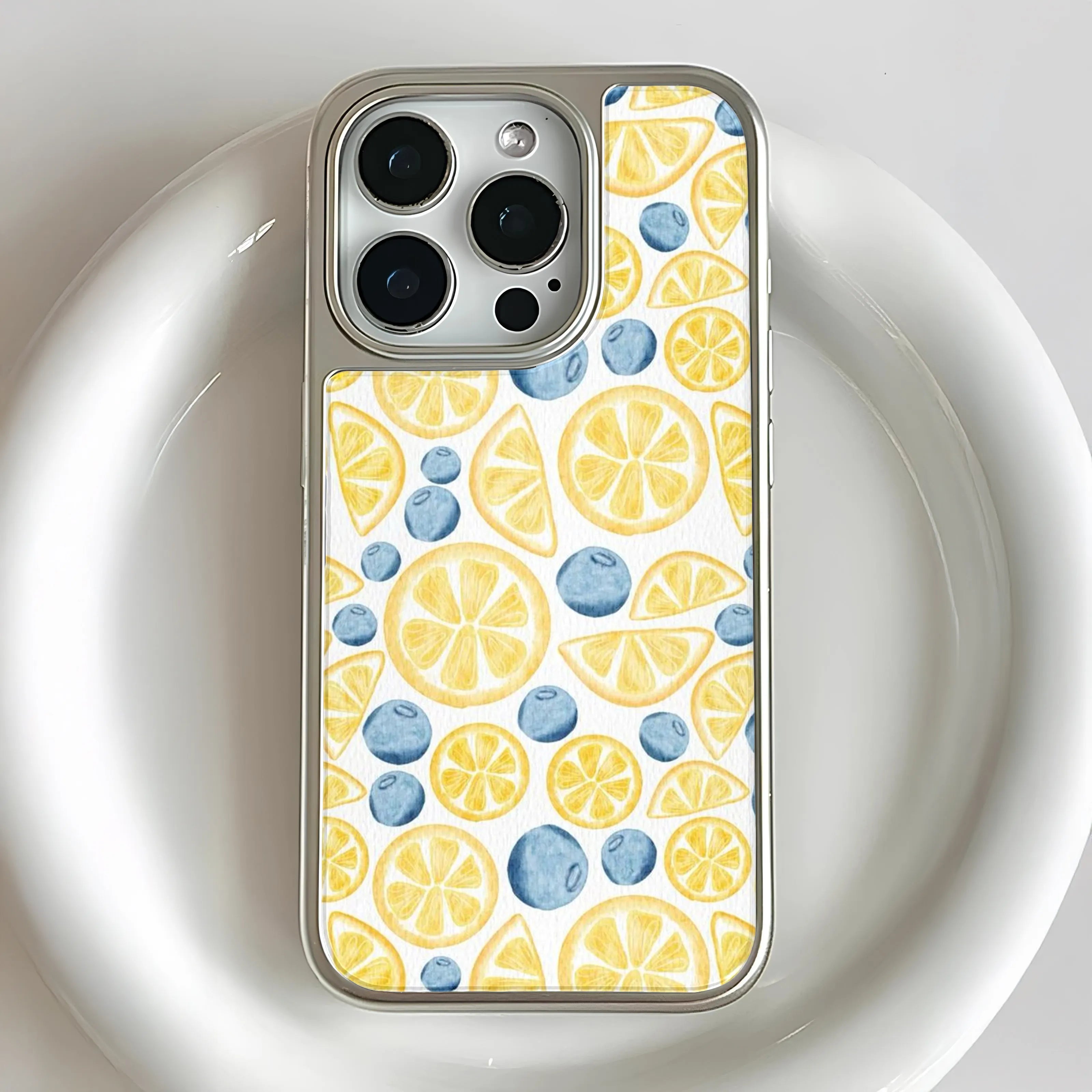 Holographic Chrome Lemon & Blueberry Phone Case - Colorful Fruit Design