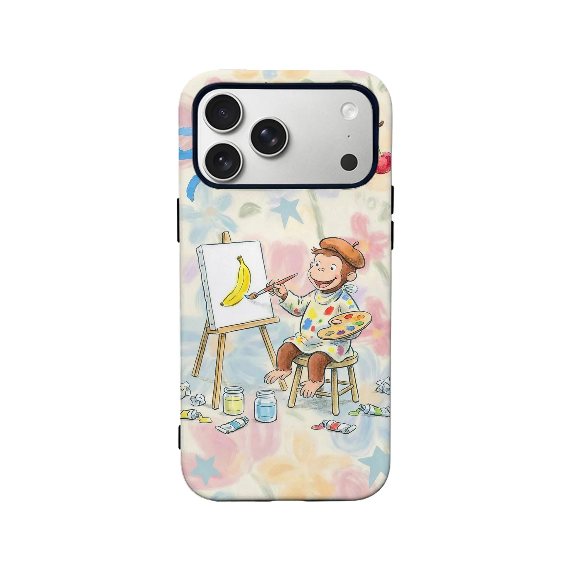 Pastel cartoon monkey painting banana phone case, rear view with camera cutout