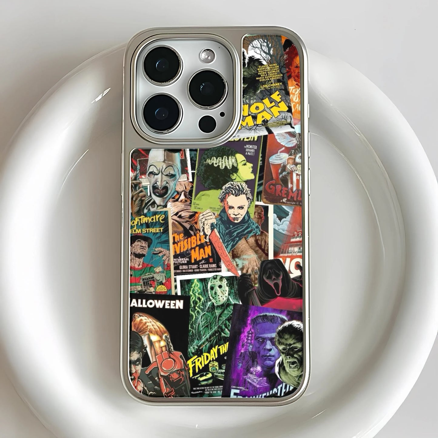 Holographic Chrome Phone Case - Vintage Horror Movie Collage
