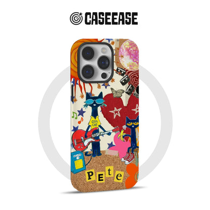 Colorful Pete cool cat collage phone case, rear view with camera cutout