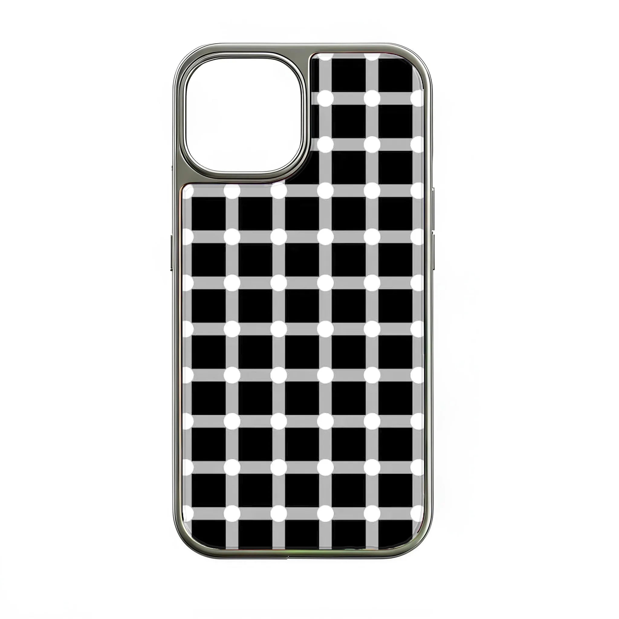 Holographic Chrome Phone Case for iPhone 14 Pro - Black and White Polka Dot Design