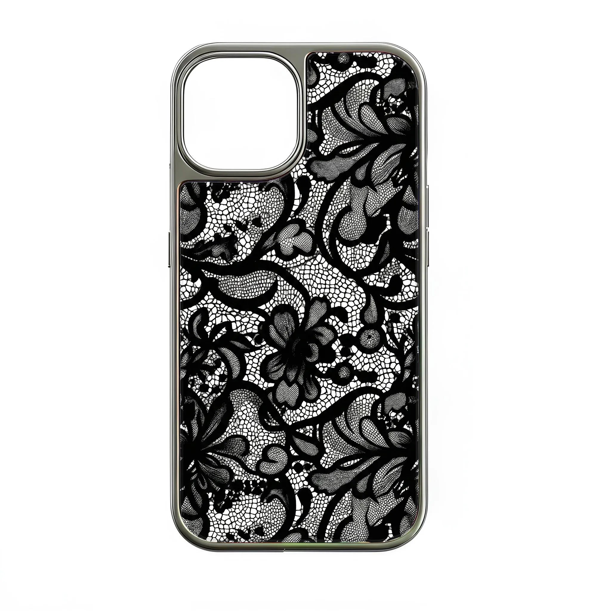 Funda para teléfono con encaje cromado holográfico - Elegante diseño floral negro