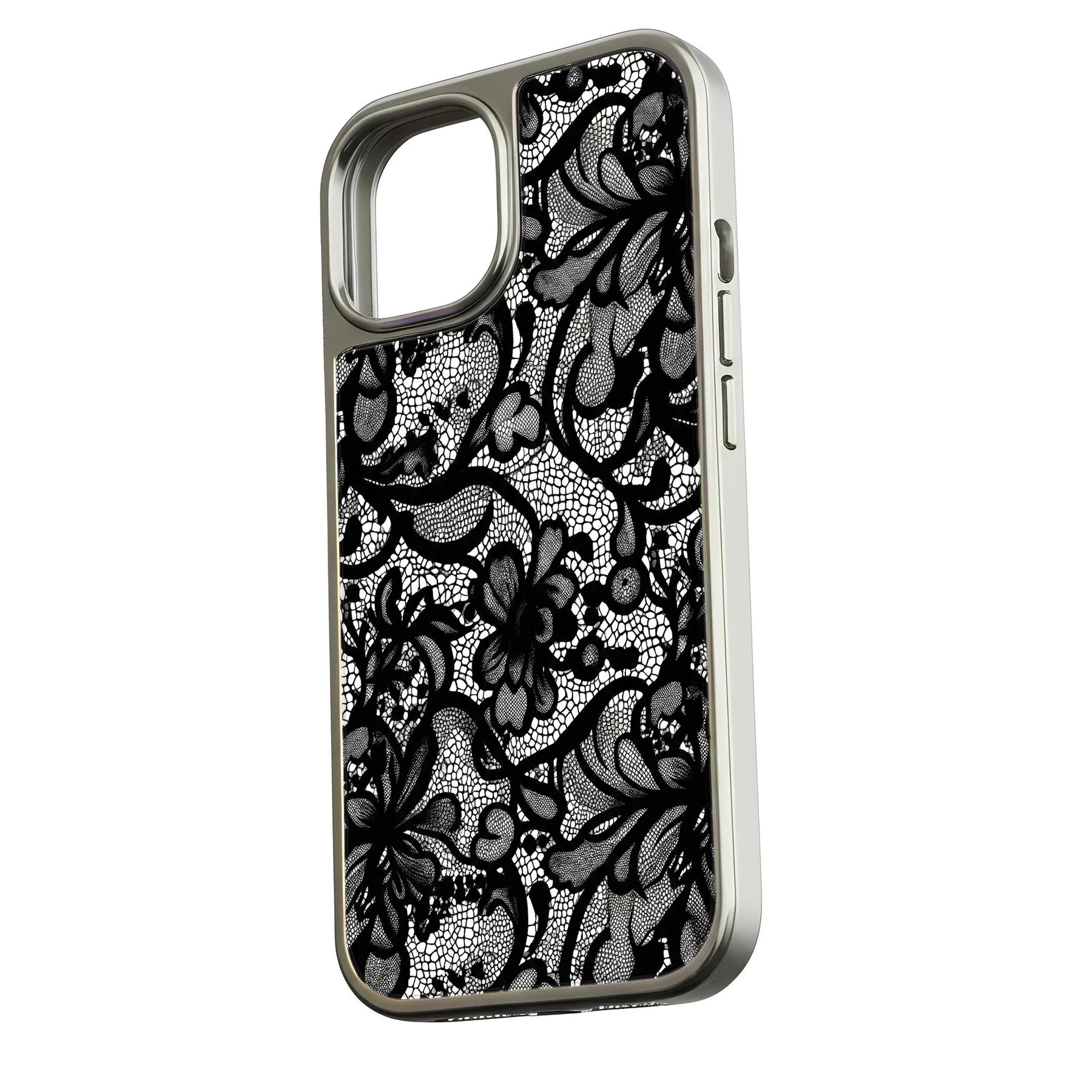 Funda para teléfono con encaje cromado holográfico - Elegante diseño floral negro