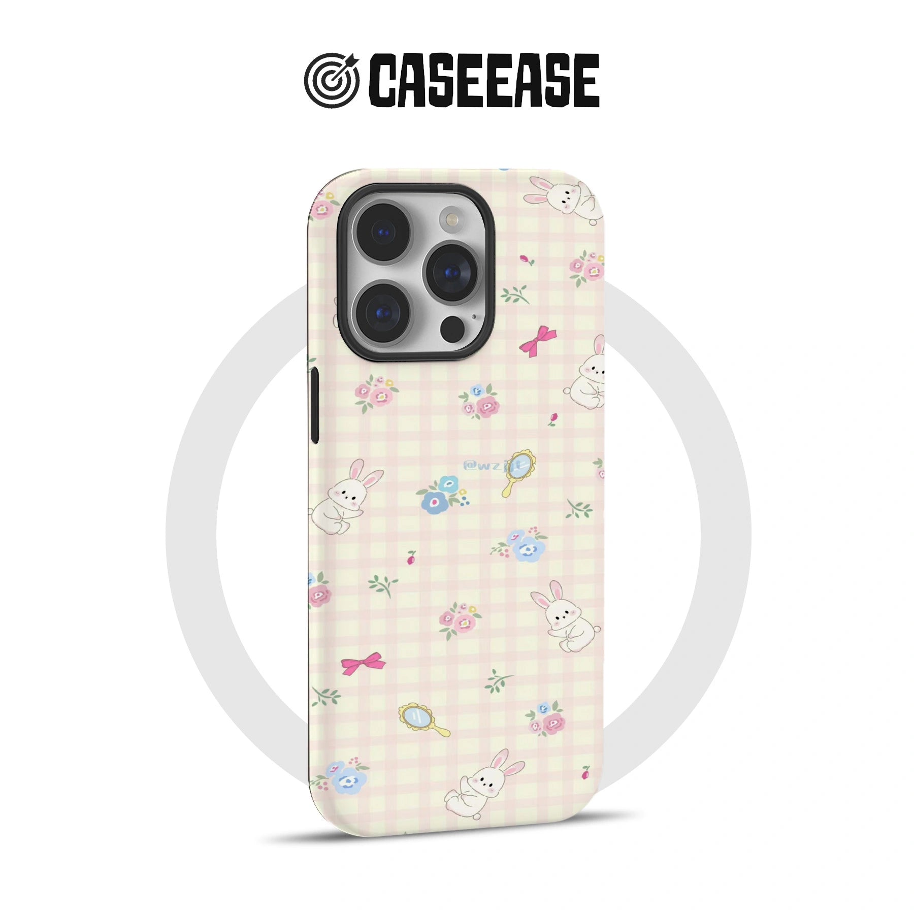 Pink Gingham Bunny Phone Case – Adorable Hand-Drawn Design