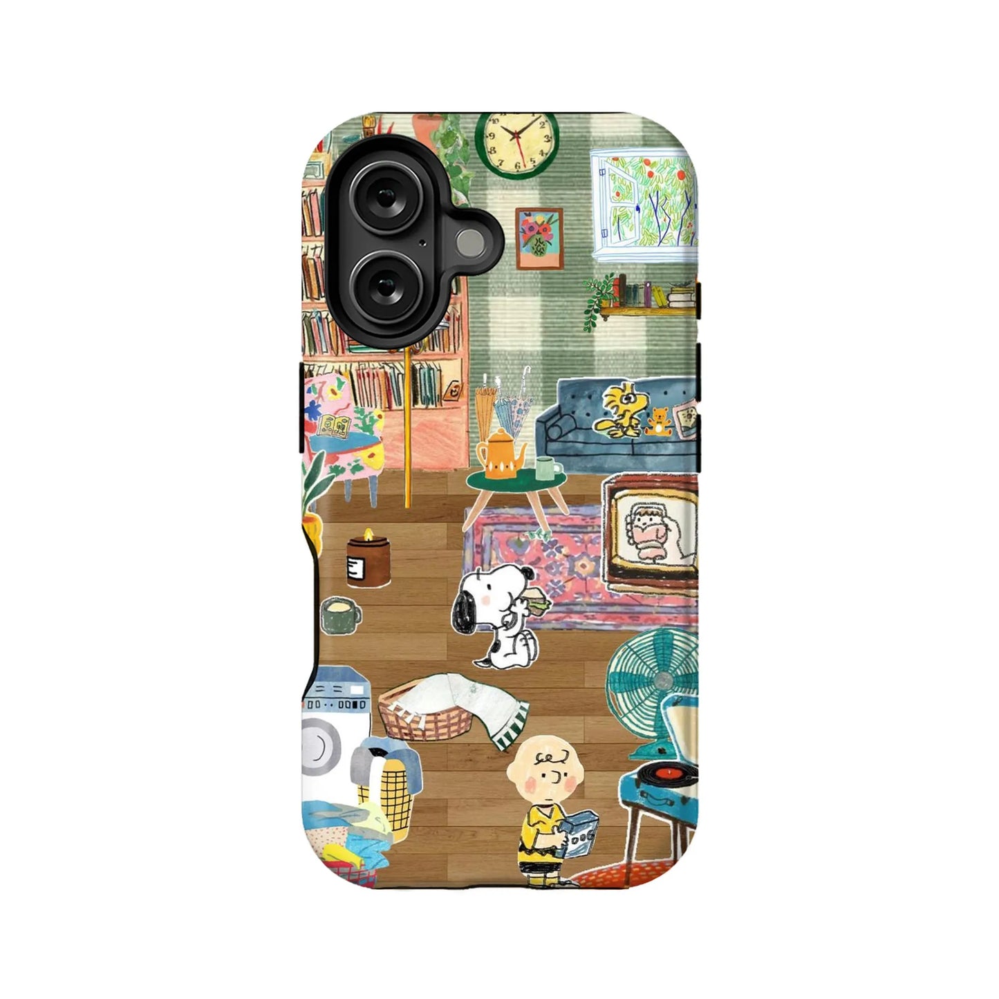 Cozy Snoopy cartoon iPhone cover with living room design and cute Woodstock details