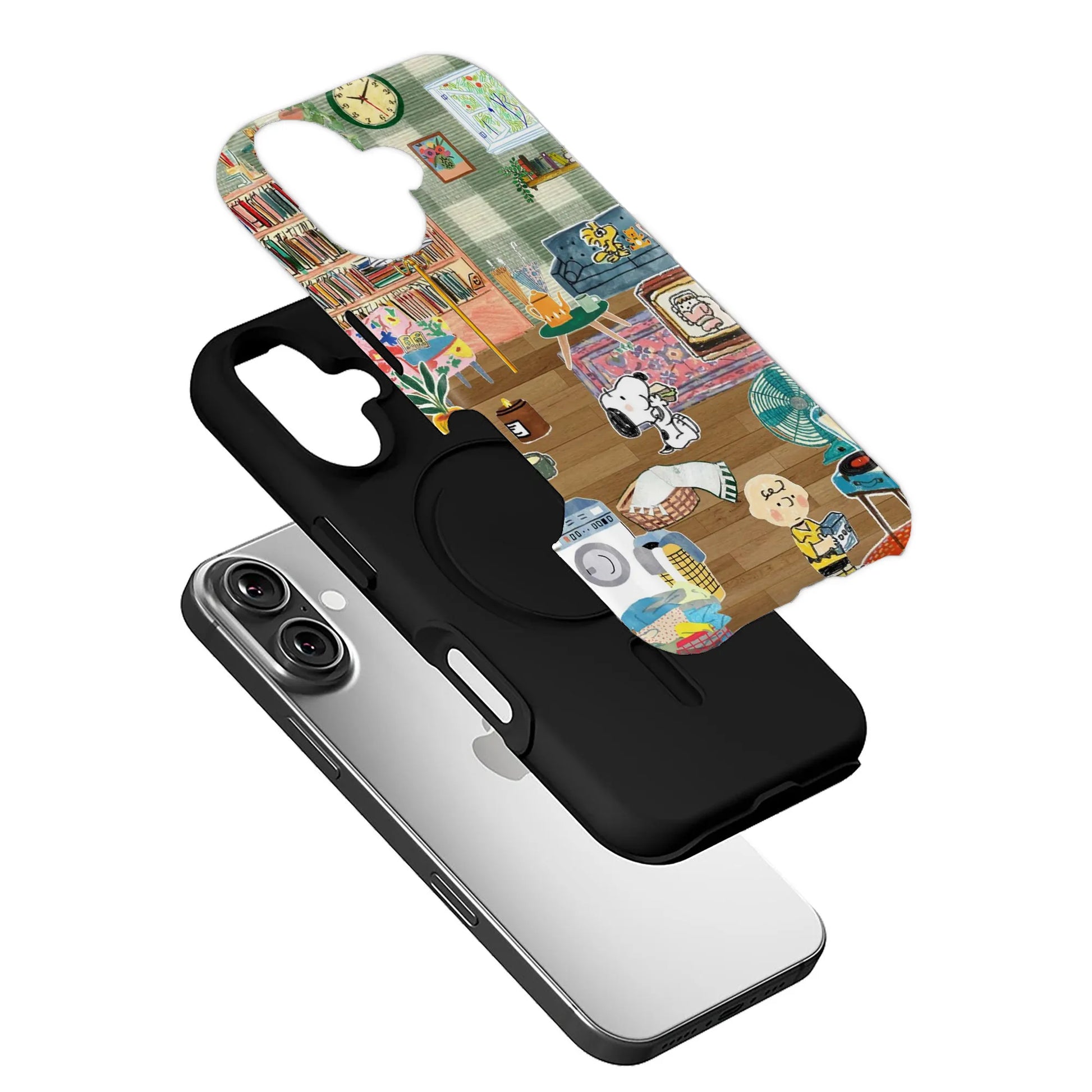 Cozy Snoopy cartoon iPhone cover with living room design and cute Woodstock details