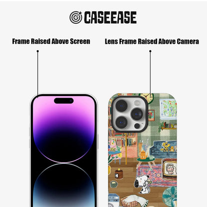 Cozy Snoopy cartoon iPhone cover with living room design and cute Woodstock details