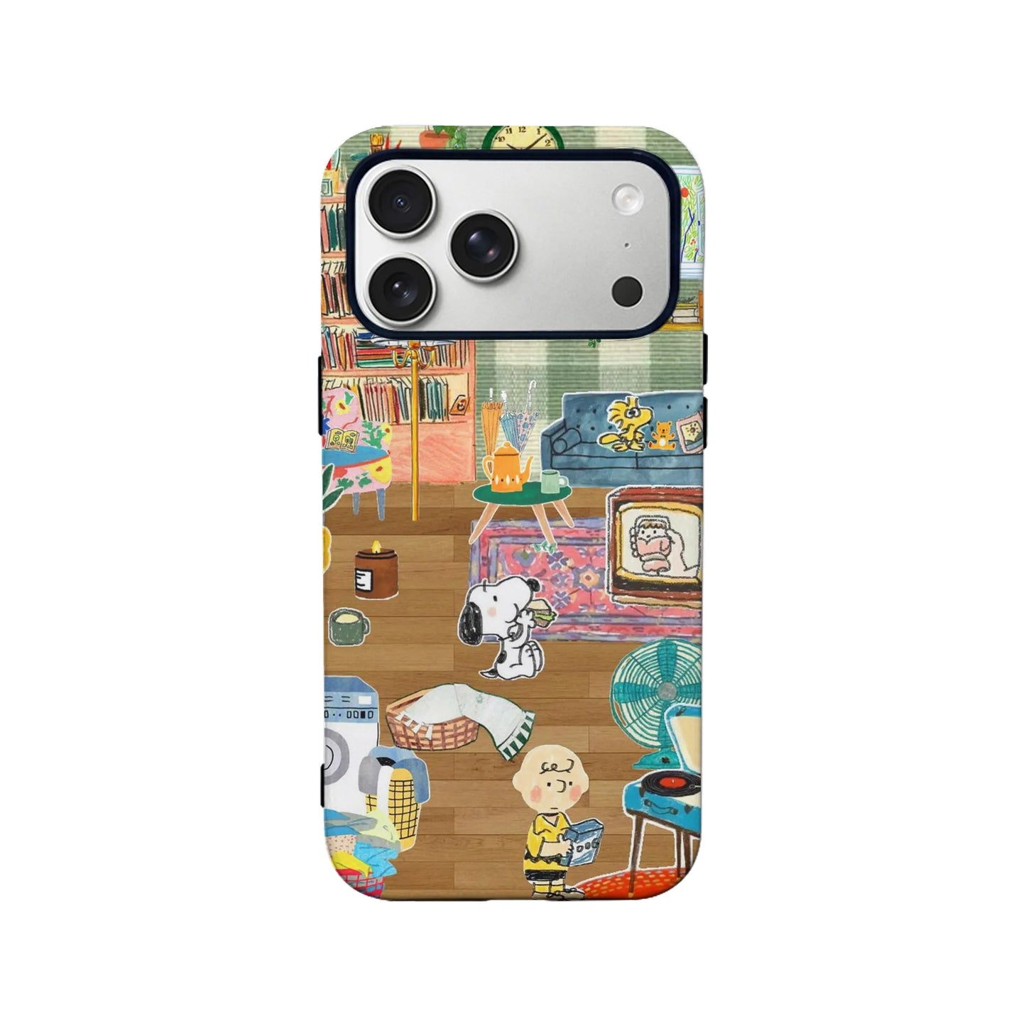 Cozy Snoopy cartoon iPhone cover with living room design and cute Woodstock details