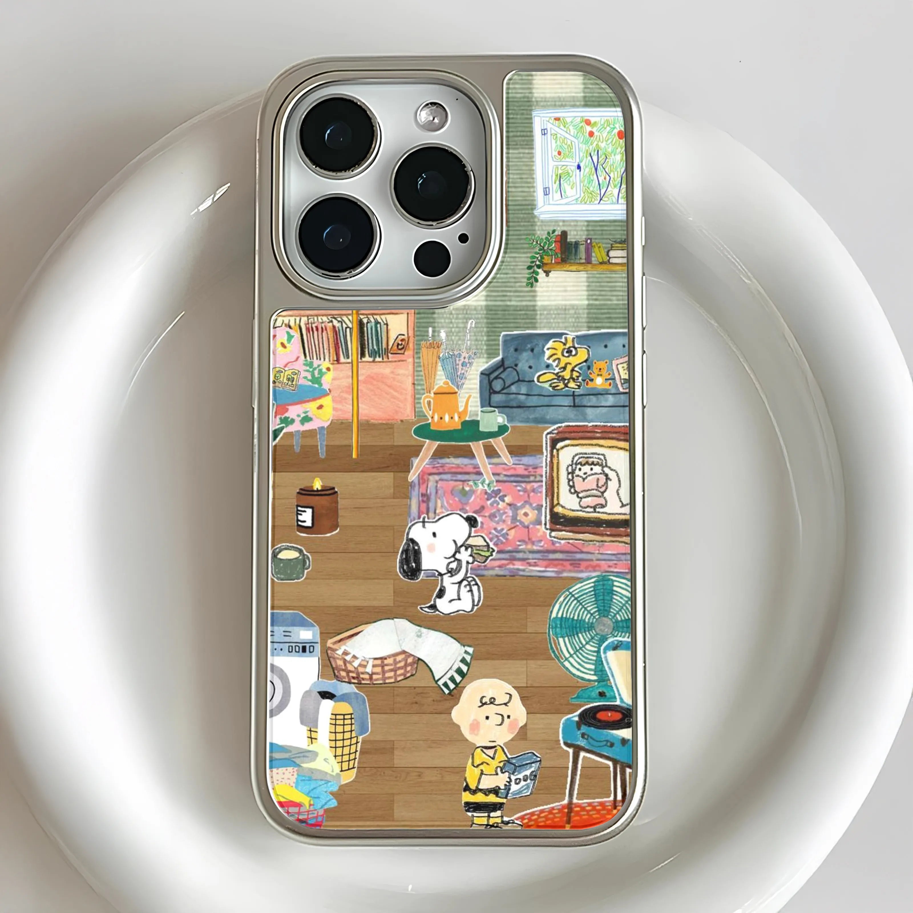 Holographic Chrome Snoopy Home Phone Case - Cartoon Design & Fun Aesthetic