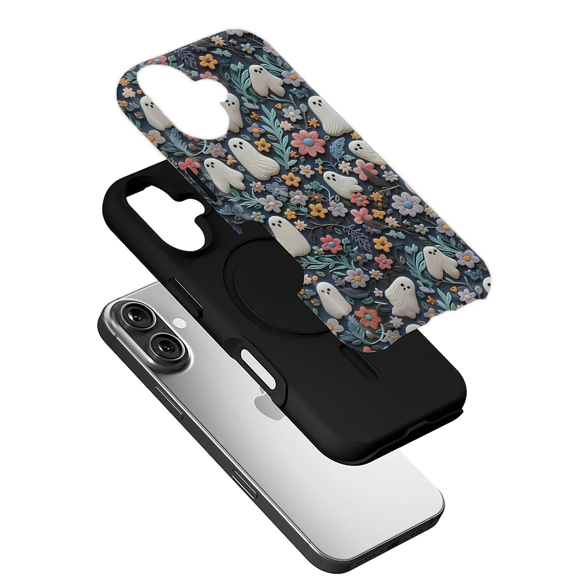 Whimsical Ghost and Floral TPU+PC IPhone 16 phone case
