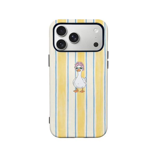 Yellow striped phone case with duck illustration, rear product view for smartphone