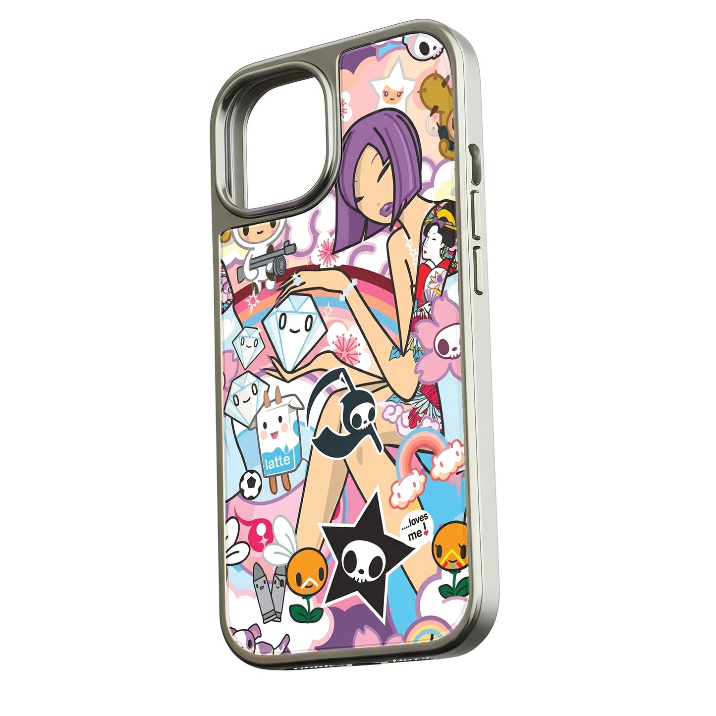 Holographic Chrome Funky Stickers Phone Case - Unique & Playful Design