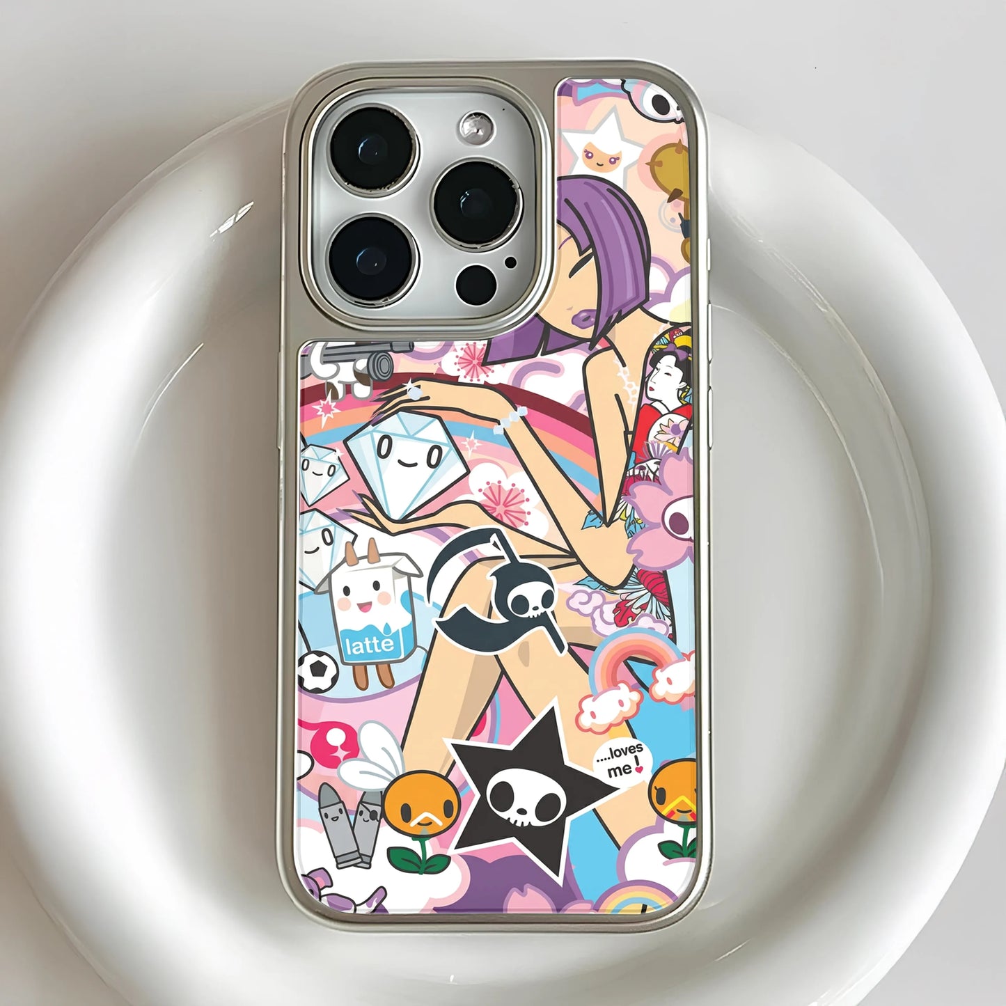 Holographic Chrome Funky Stickers Phone Case - Unique & Playful Design