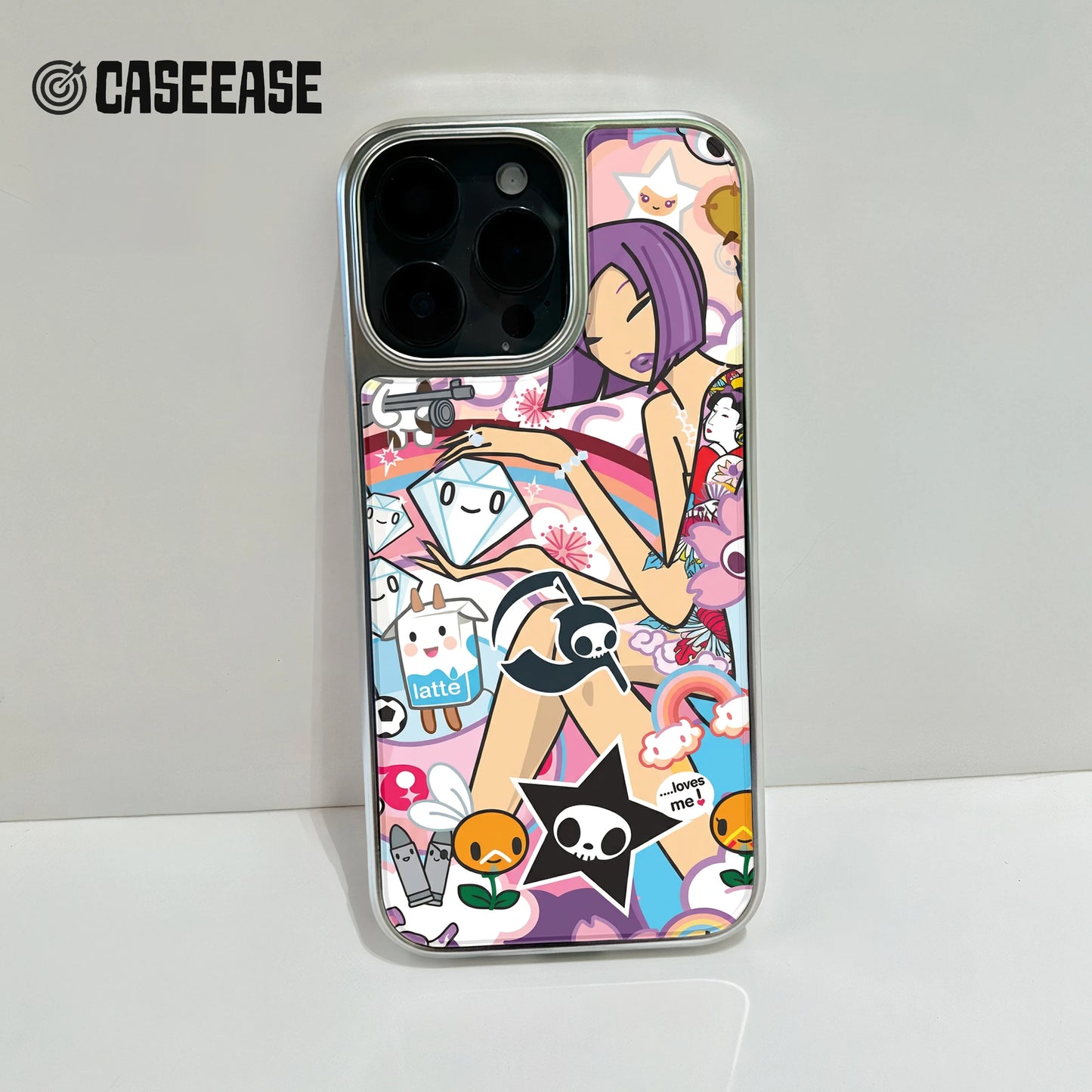 Holographic Chrome Funky Stickers Phone Case - Unique & Playful Design