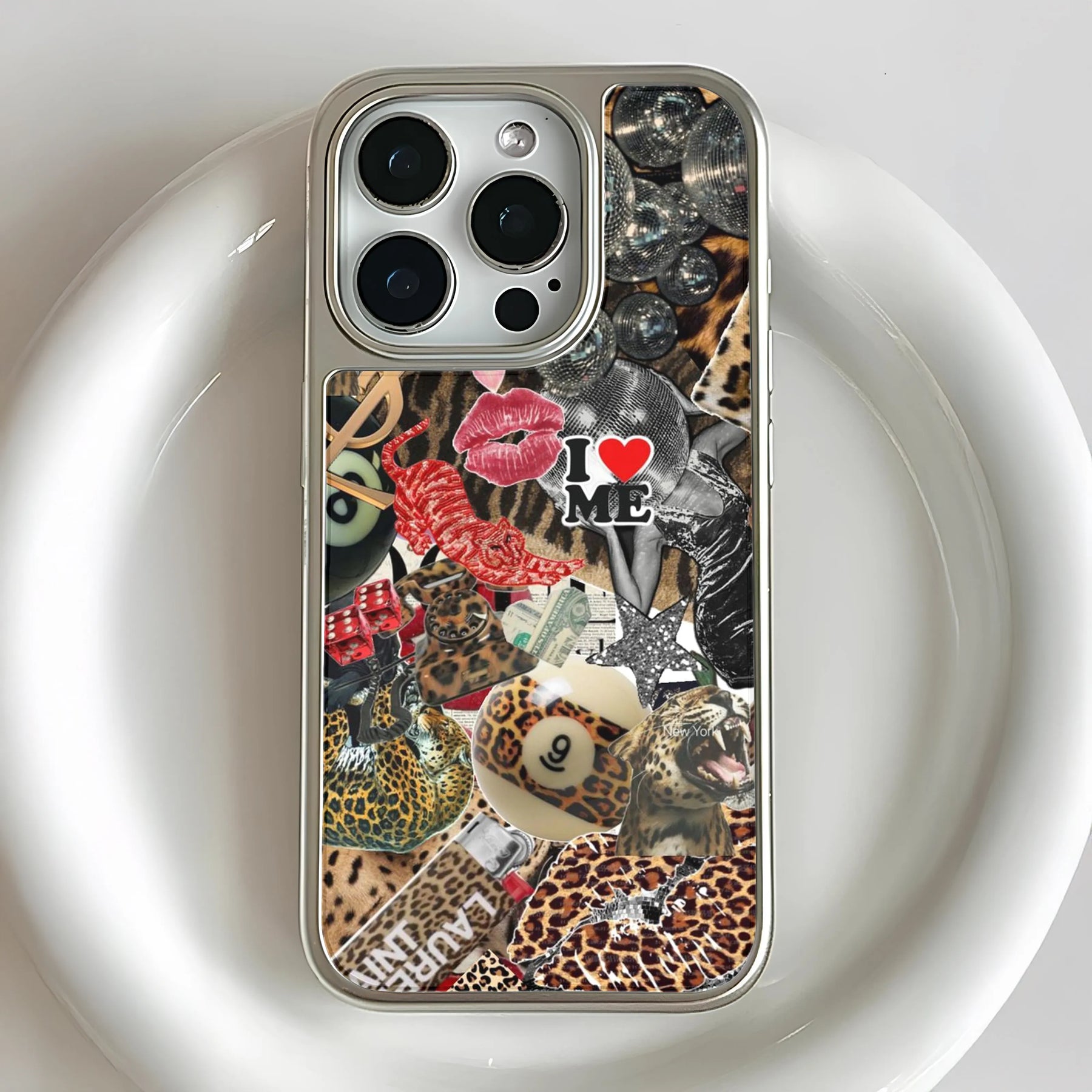 Funda holográfica cromada para teléfono: diseño de collage glamuroso