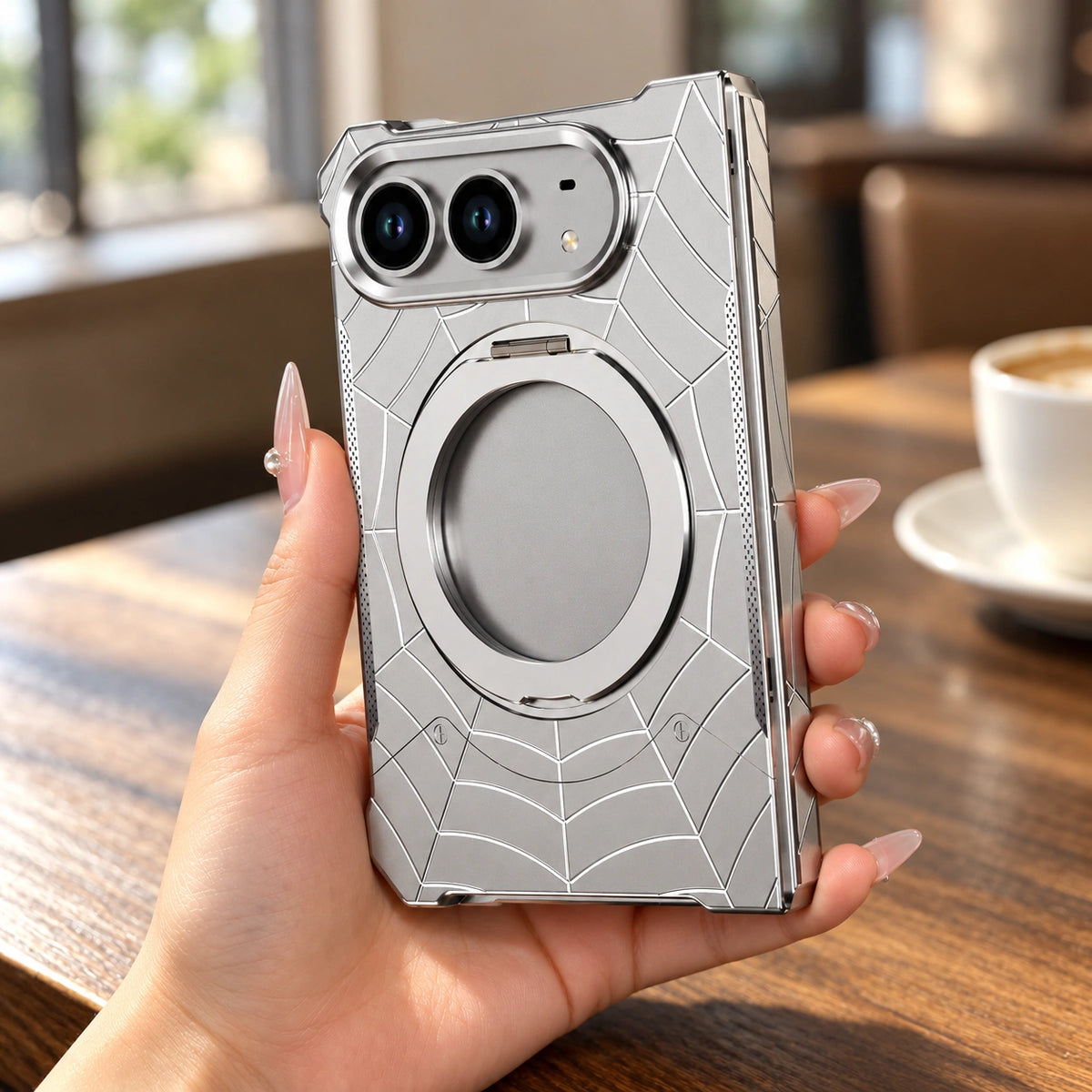Spiderweb Armor Ring Stand iPhone Duo Case, styled product photo