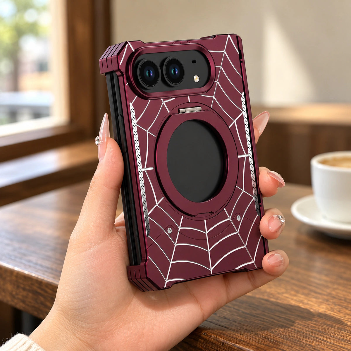 Spiderweb Armor Ring Stand iPhone Duo Case, styled product photo 2