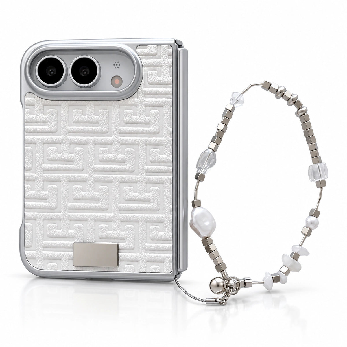 Geometric Texture iPhone Duo Case in White + Wrist Strap