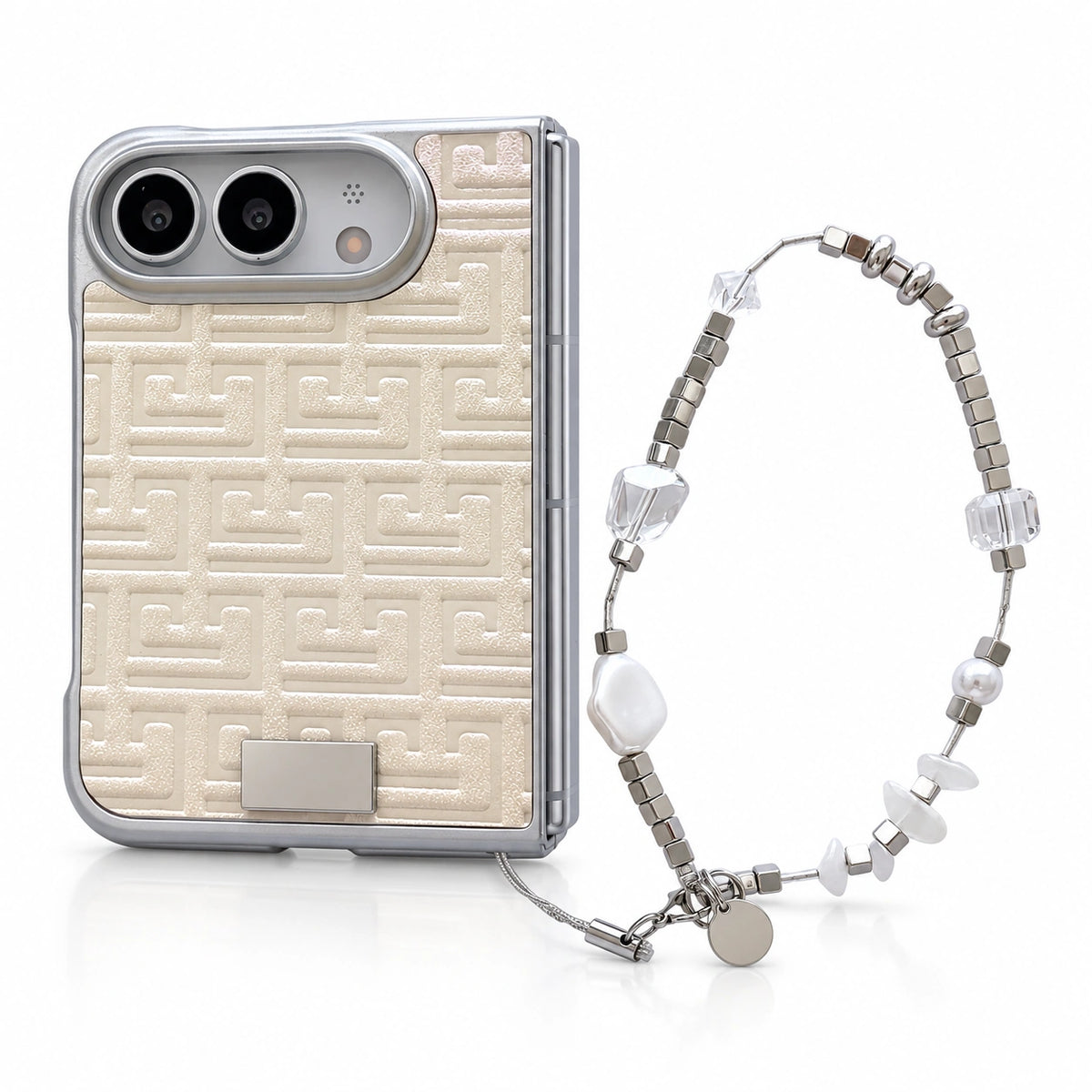 Geometric Texture iPhone Duo Case in Ivory + Wrist Strap
