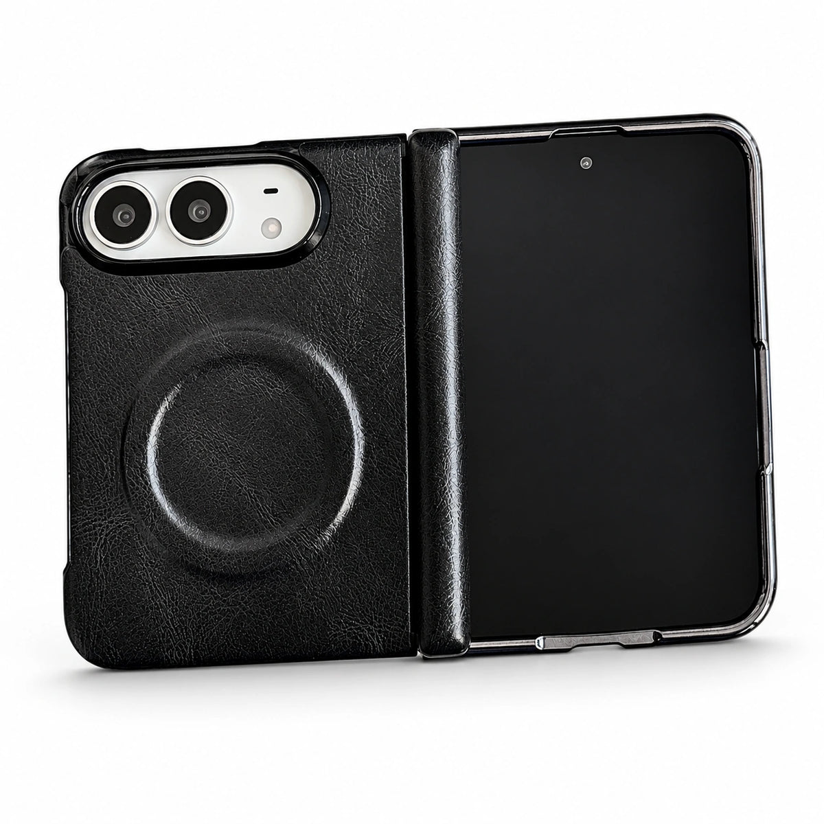 Textured Hinge-Cover iPhone Duo Case in Black + Ring Stand