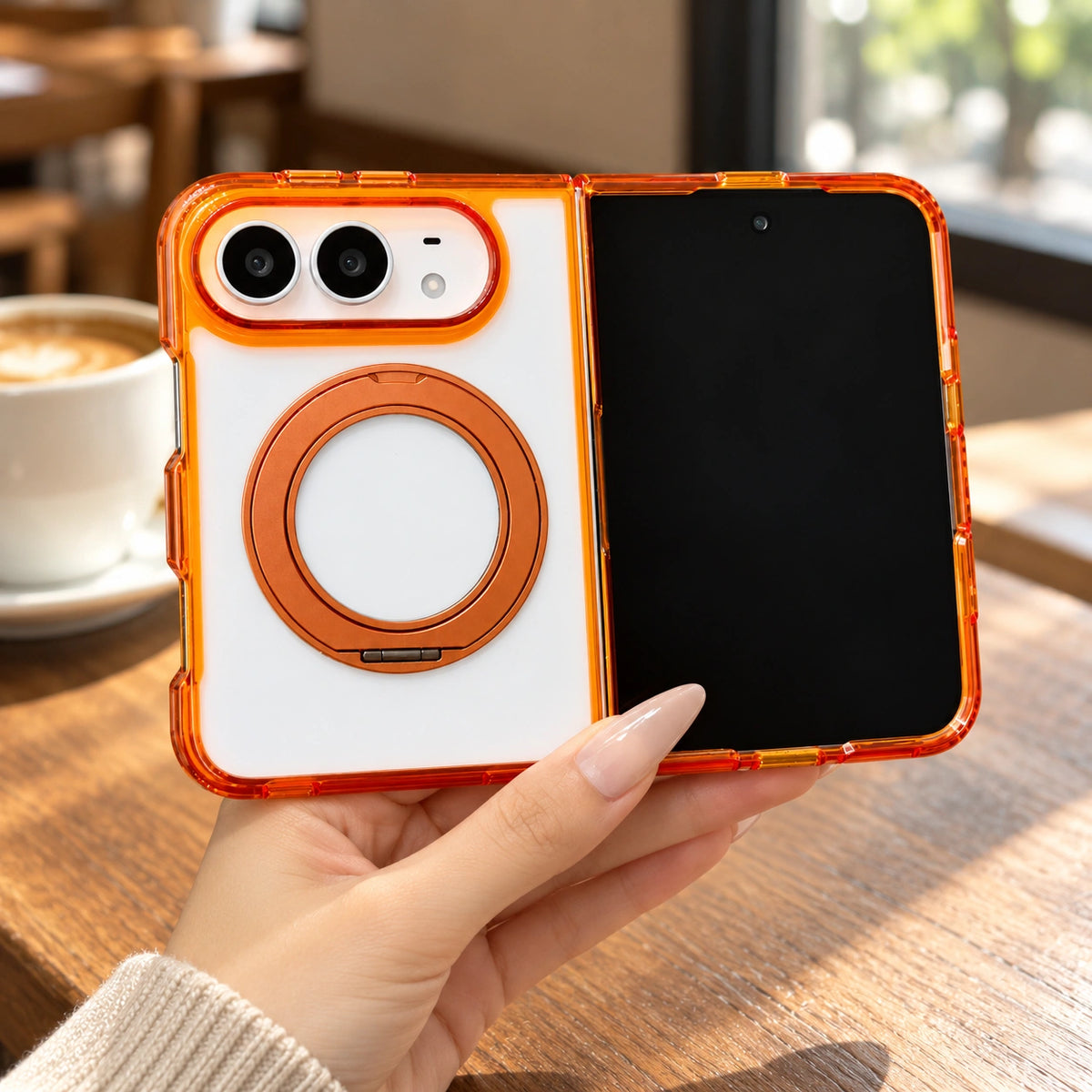 Transparent Color Ring Stand iPhone Duo Case, held in hand