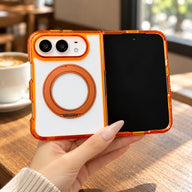 Transparent Color Ring Stand iPhone Duo Case, held in hand