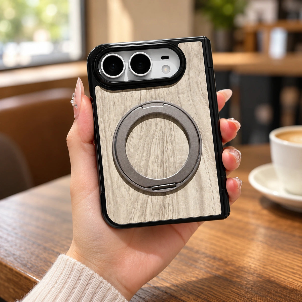 Woodgrain Ring Stand iPhone Duo Case, held in hand