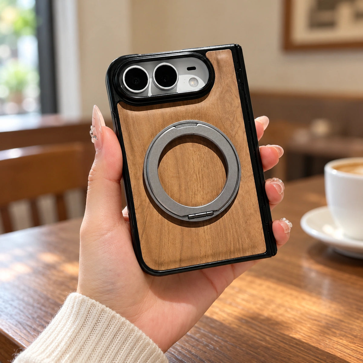 Woodgrain Ring Stand iPhone Duo Case, styled product photo