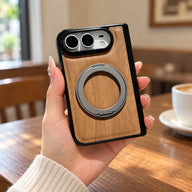 Woodgrain Ring Stand iPhone Duo Case, styled product photo