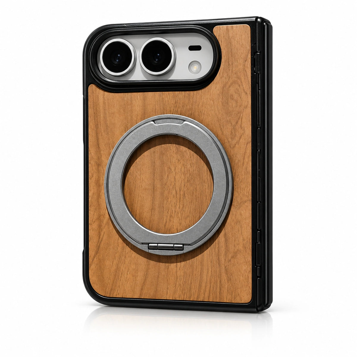 Woodgrain Ring Stand iPhone Duo Case in Dark Wood