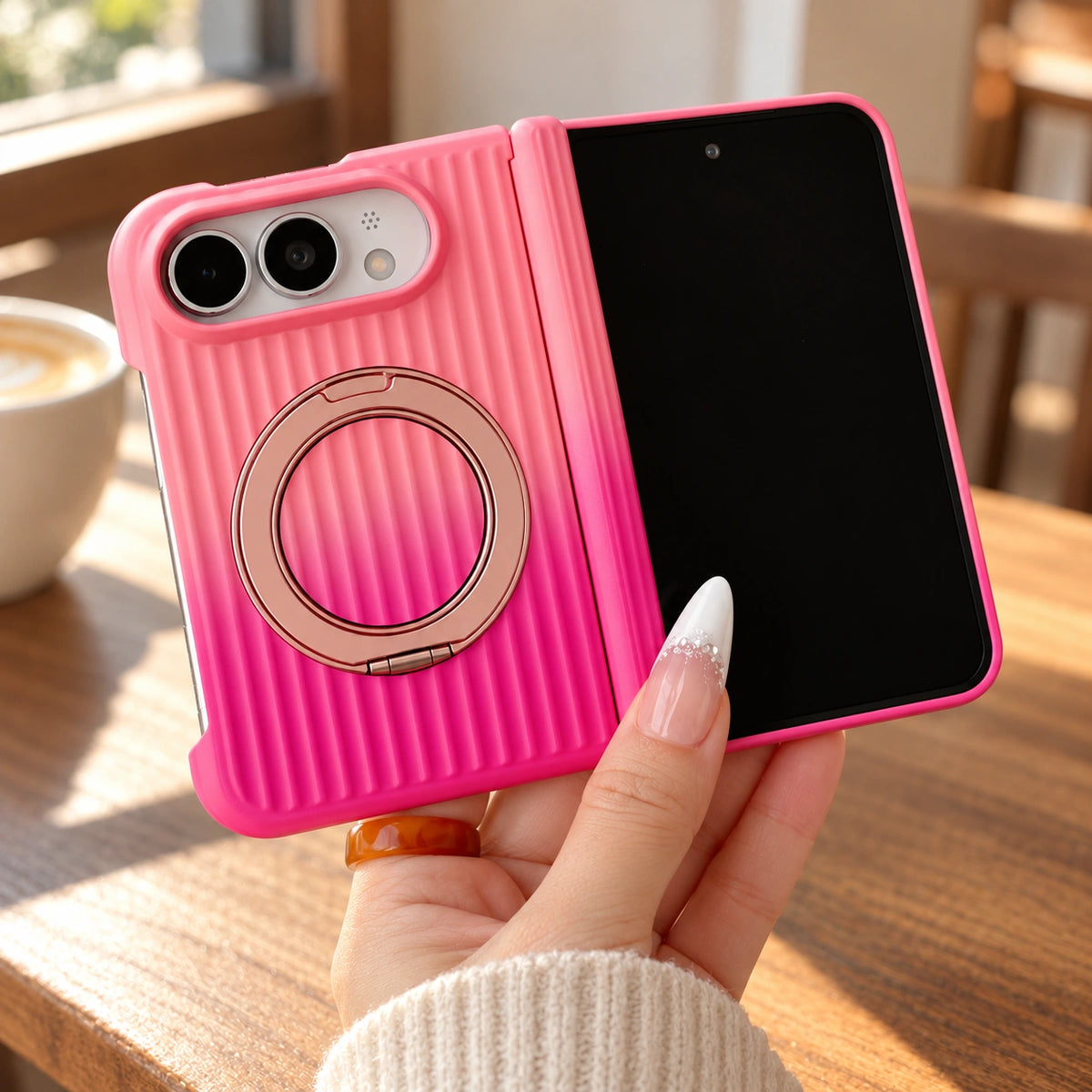 Ribbed Gradient Ring Stand iPhone Duo Case, styled product photo