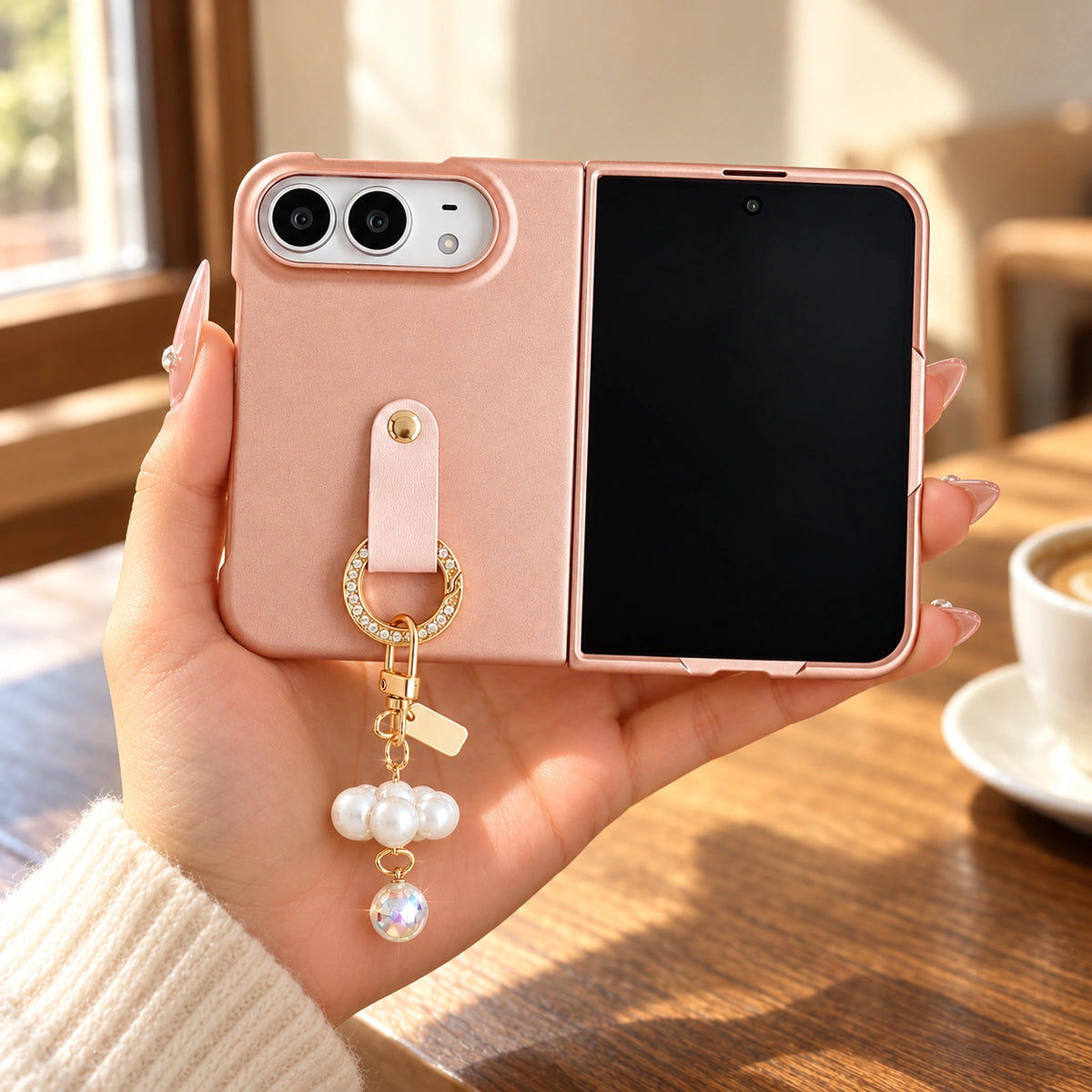 Cloud Texture Pearl Charm iPhone Duo Case, held in hand